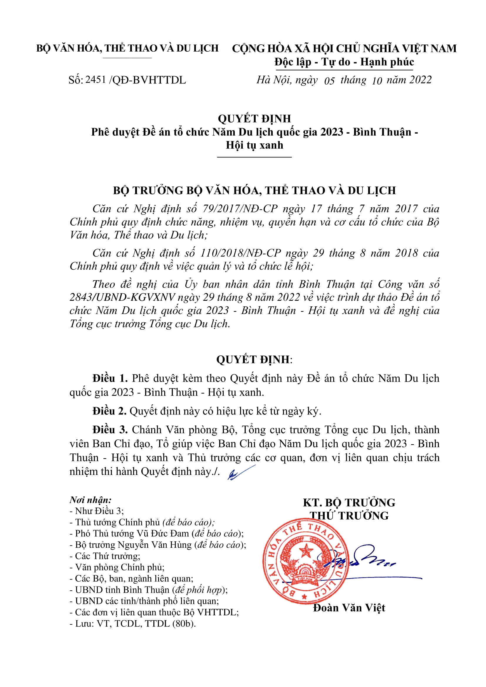 QUYẾT ĐỊNH - Phê duyệt Đề án tổ chức Năm Du lịch quốc gia 2023 - Bình Thuận - Hội tụ xanh.