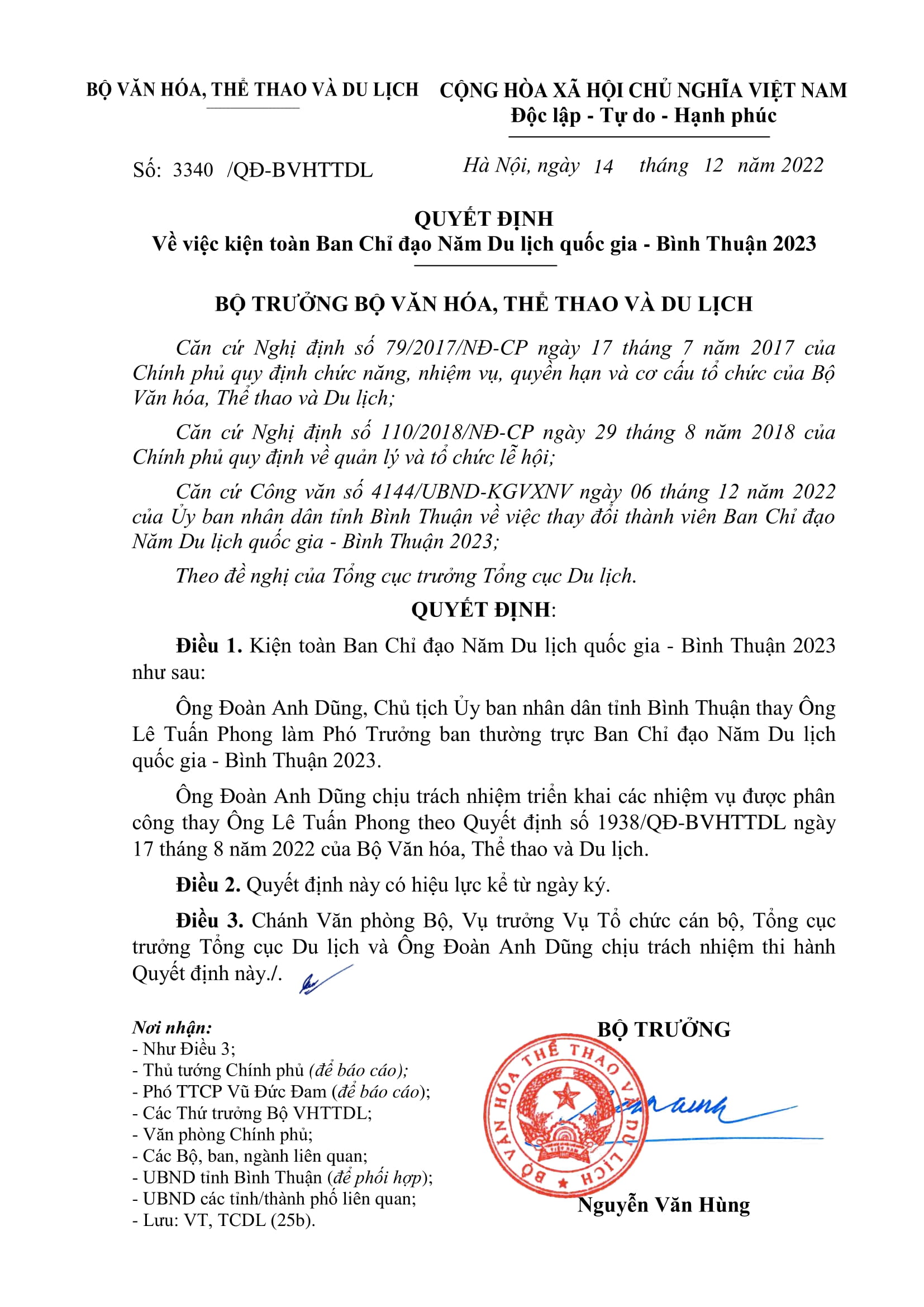 DECISION - On consolidating the National Tourism Year Steering Committee - Binh Thuan 2023.