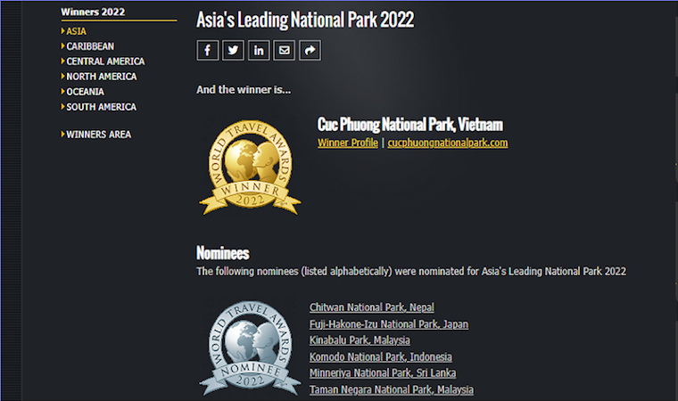 Vườn quốc gia Cúc Phương đạt danh hiệu “Vườn quốc gia hàng đầu châu Á” 4 năm liên tiếp